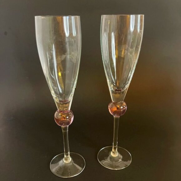 Pair of Elegant Champagne Flutes – 9.5" Tall, Long Stem with Pink Ball Decor - Picture 1 of 8